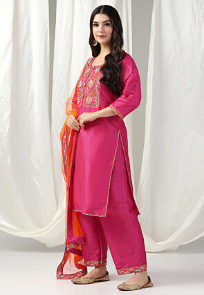 Embroidered Raw Silk Pakistani Suit in Fuchsia