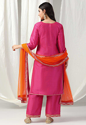 Embroidered Raw Silk Pakistani Suit in Fuchsia