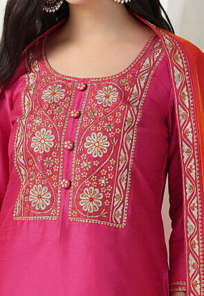 Embroidered Raw Silk Pakistani Suit in Fuchsia
