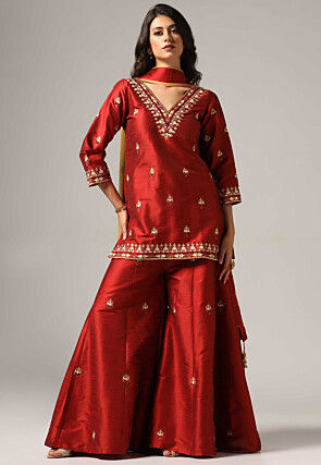 Embroidered Raw Silk Pakistani Suit in Maroon