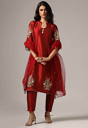 Embroidered Raw Silk Pakistani Suit in Maroon