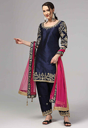 Embroidered Raw Silk Pakistani Suit in Navy Blue