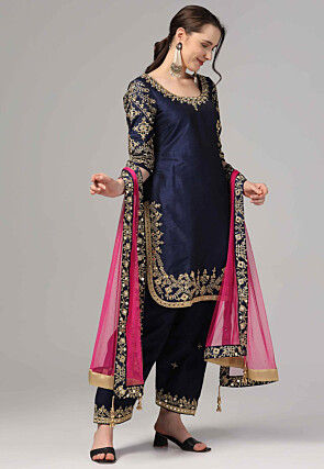 Embroidered Raw Silk Pakistani Suit in Navy Blue