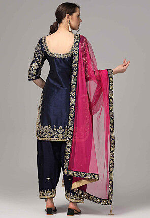 Embroidered Raw Silk Pakistani Suit in Navy Blue