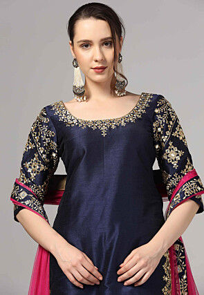 Embroidered Raw Silk Pakistani Suit in Navy Blue
