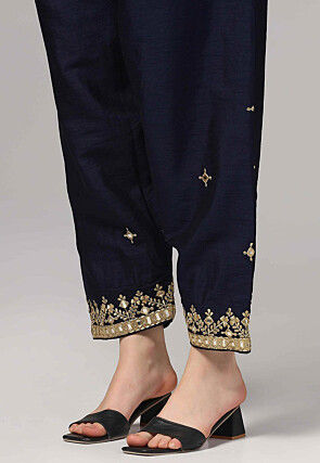 Embroidered Raw Silk Pakistani Suit in Navy Blue