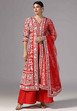 Embroidered Raw Silk Pakistani Suit in Red
