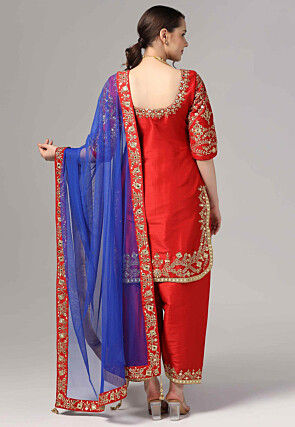 Embroidered Raw Silk Pakistani Suit in Red
