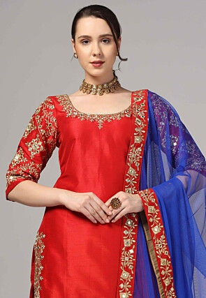 Embroidered Raw Silk Pakistani Suit in Red
