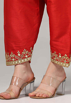 Embroidered Raw Silk Pakistani Suit in Red