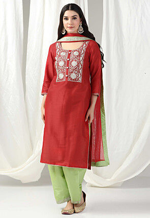 Embroidered Raw Silk Pakistani Suit in Red