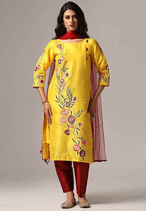 Embroidered Raw Silk Pakistani Suit in Yellow