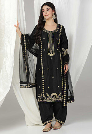 Embroidered Raw Silk Punjabi Suit in Black