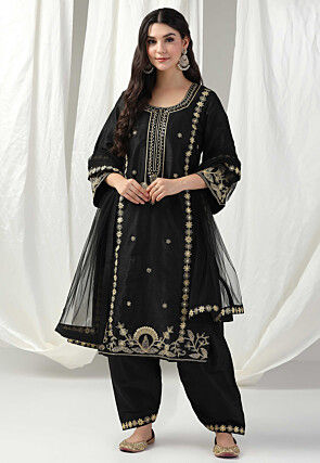 Embroidered Raw Silk Punjabi Suit in Black