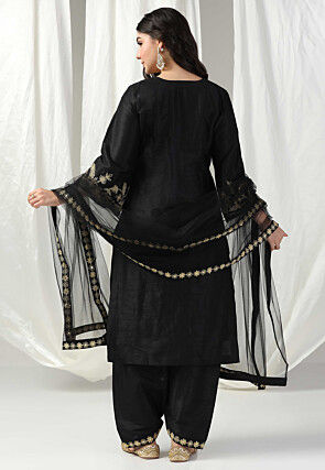 Embroidered Raw Silk Punjabi Suit in Black