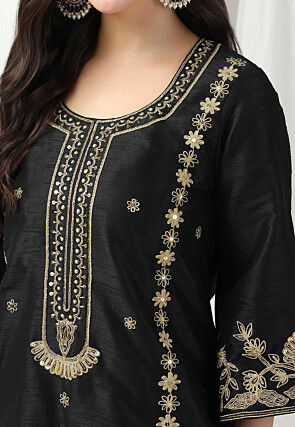 Embroidered Raw Silk Punjabi Suit in Black