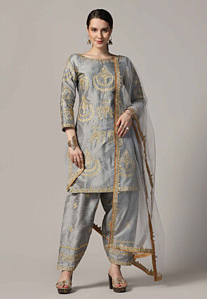 Embroidered Raw Silk Punjabi Suit in Grey