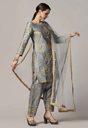 Embroidered Raw Silk Punjabi Suit in Grey
