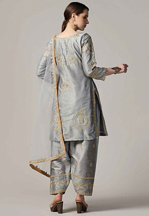 Embroidered Raw Silk Punjabi Suit in Grey