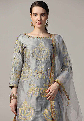 Embroidered Raw Silk Punjabi Suit in Grey