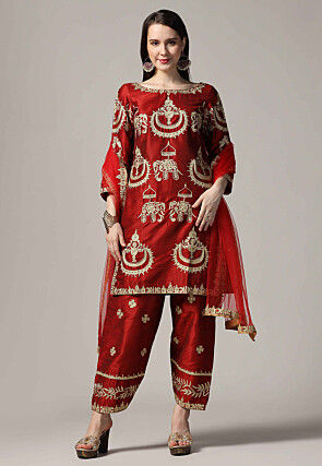 Embroidered Raw Silk Punjabi Suit in Maroon