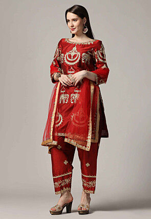 Embroidered Raw Silk Punjabi Suit in Maroon