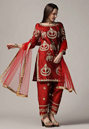 Embroidered Raw Silk Punjabi Suit in Maroon