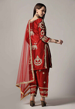 Embroidered Raw Silk Punjabi Suit in Maroon