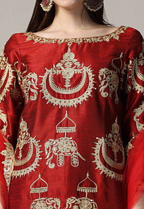Embroidered Raw Silk Punjabi Suit in Maroon