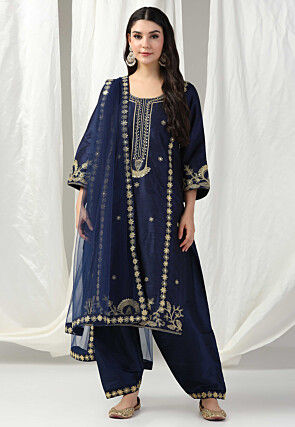 Embroidered Raw Silk Punjabi Suit in Navy Blue