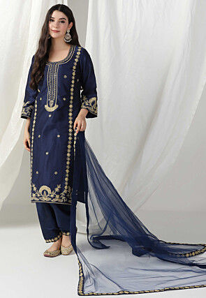 Embroidered Raw Silk Punjabi Suit in Navy Blue
