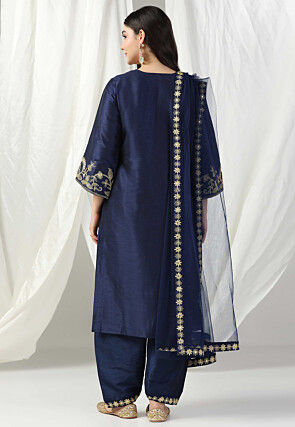 Embroidered Raw Silk Punjabi Suit in Navy Blue