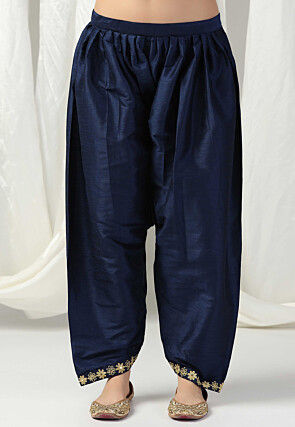 Embroidered Raw Silk Punjabi Suit in Navy Blue