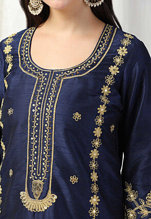 Embroidered Raw Silk Punjabi Suit in Navy Blue