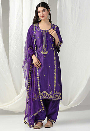 Embroidered Raw Silk Punjabi Suit in Purple