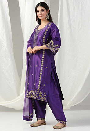 Embroidered Raw Silk Punjabi Suit in Purple