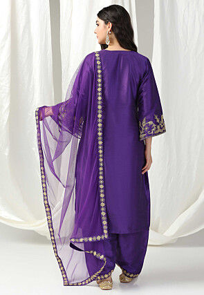 Embroidered Raw Silk Punjabi Suit in Purple