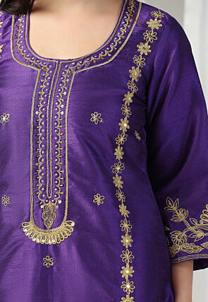 Embroidered Raw Silk Punjabi Suit in Purple