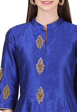 Embroidered Raw Silk Straight Kurta Set in Royal Blue