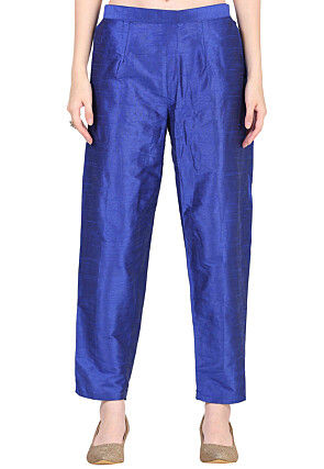 Embroidered Raw Silk Straight Kurta Set in Royal Blue