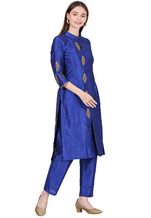 Embroidered Raw Silk Straight Kurta Set in Royal Blue