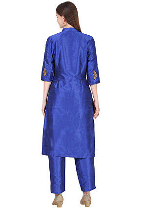 Embroidered Raw Silk Straight Kurta Set in Royal Blue