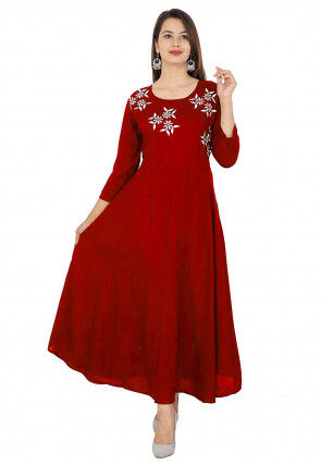 Embroidered Rayon A Line Kurta in Red
