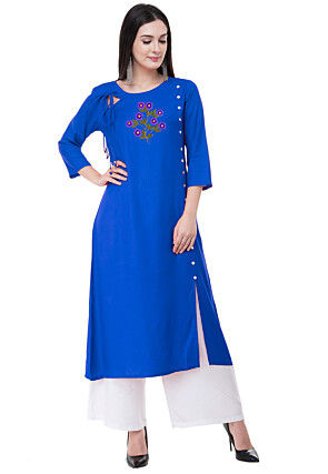 Embroidered Rayon A Line Kurta in Royal Blue