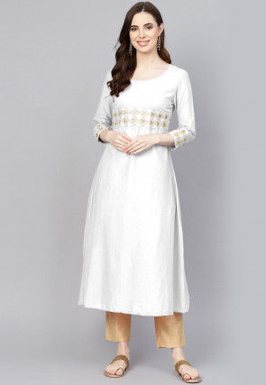 Embroidered Rayon A Line Kurta in White