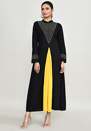 Embroidered Rayon A Line Kurta Set in Black