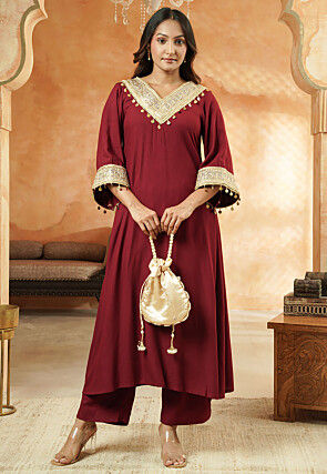 Embroidered Rayon A Line Kurta Set in Maroon
