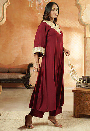 Embroidered Rayon A Line Kurta Set in Maroon
