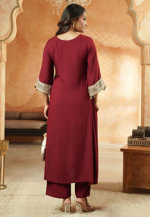 Embroidered Rayon A Line Kurta Set in Maroon