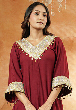 Embroidered Rayon A Line Kurta Set in Maroon